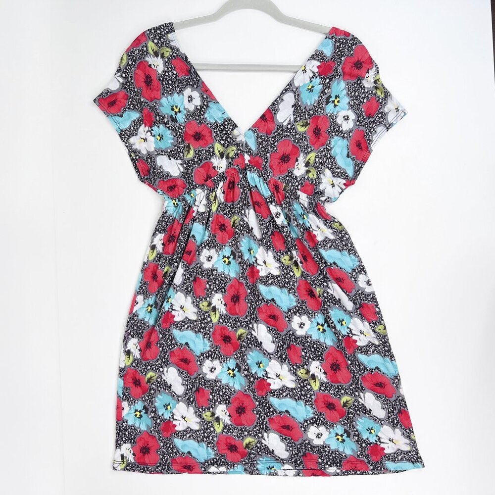 Lush Floral Poppies V-Neck Mini Fit and Flare Dress Black White Red Teal Size M - Picture 3 of 8